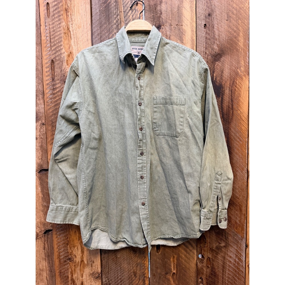 Mens L 100% Cotton Button Up Shirt Canvas Olive Workwear Ranch Utility Outdoors